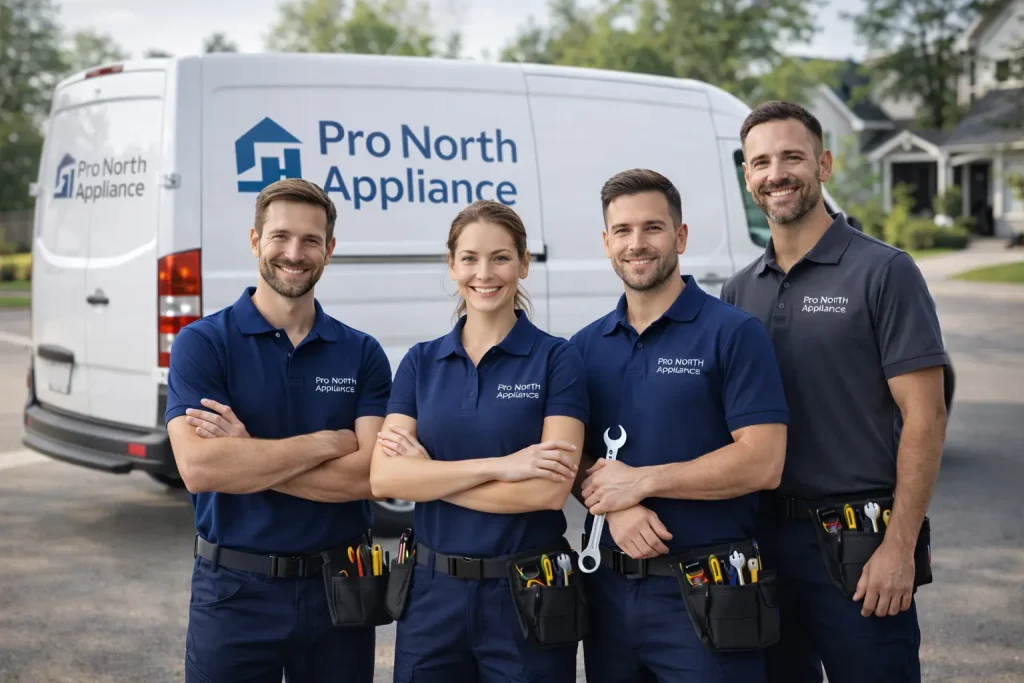 Pro North Appliance team standing in front of service van in a residential area