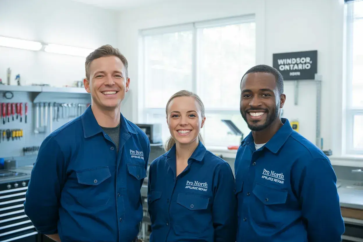 Appliance repair team standing in a modern workshop with tools and equipment