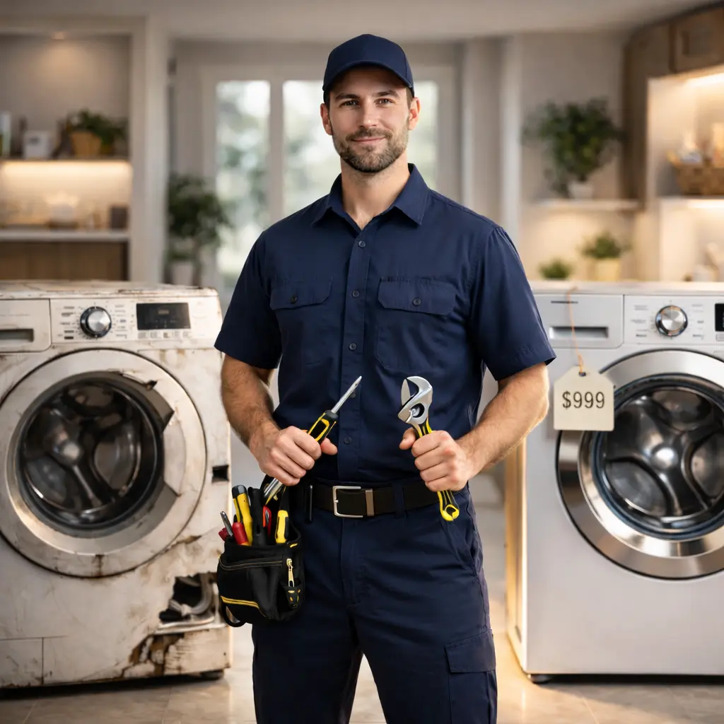 Technician comparing old and new washing machines in a modern home environment
