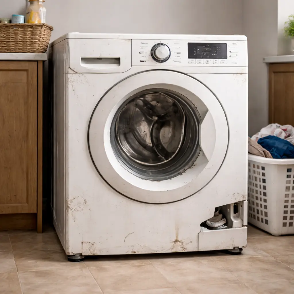 Washing Machine Before Repair Dirty and damaged washing machine showing signs of malfunction before repair