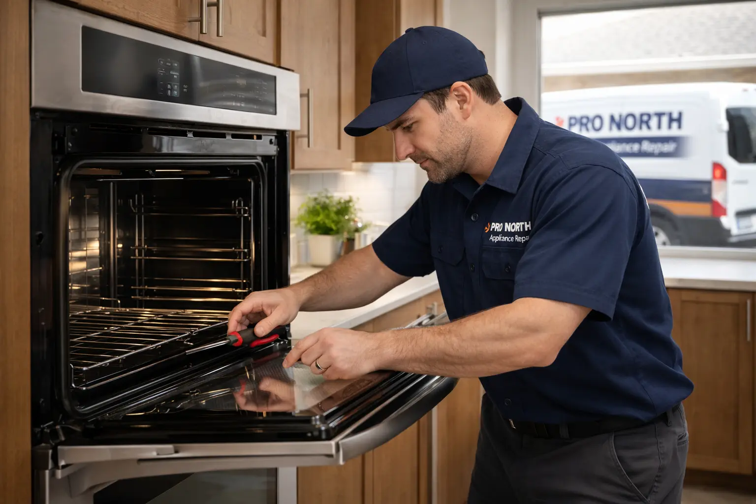 Technician repairing oven appliance inside a modern kitchen environment