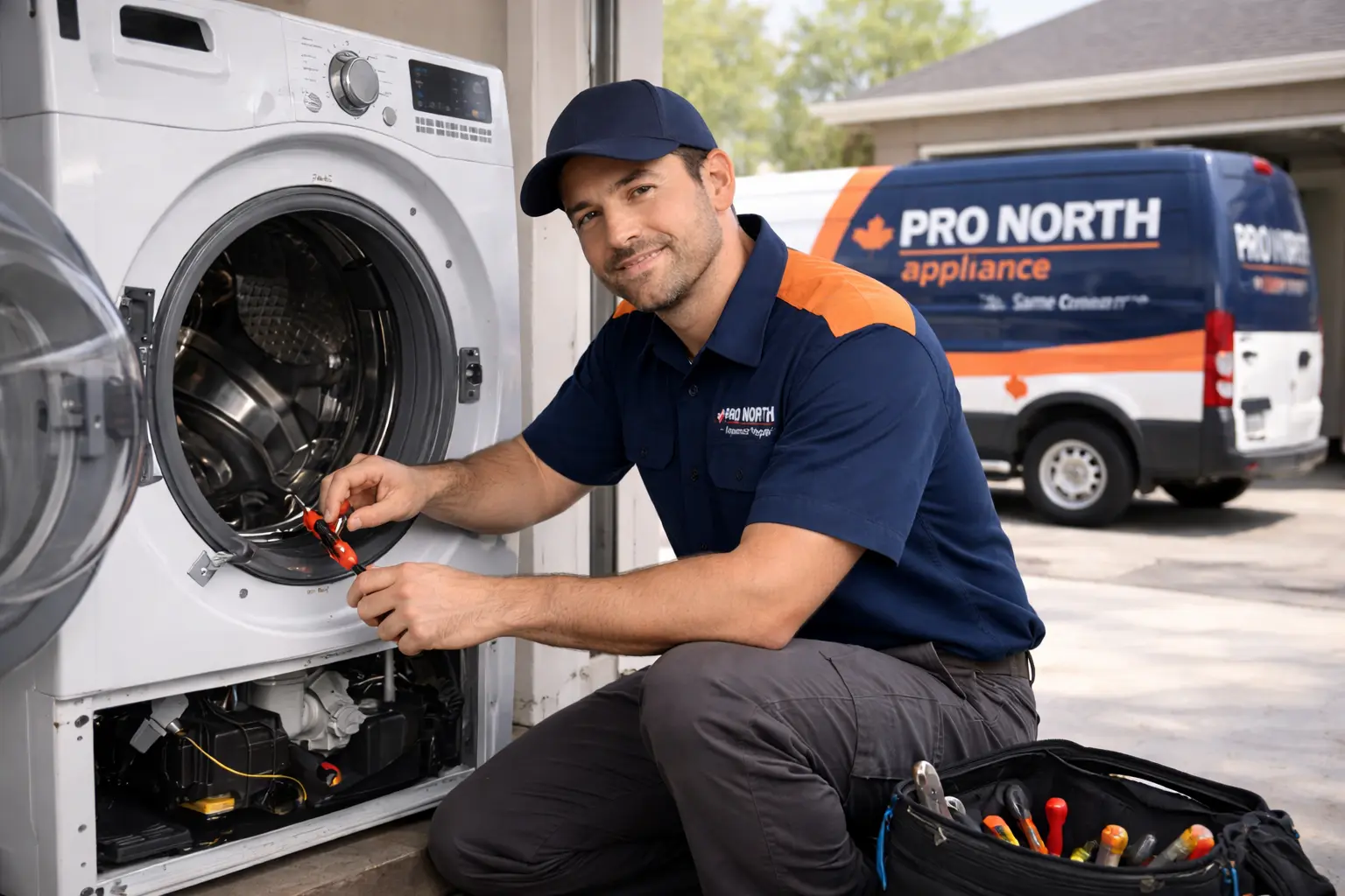 Technician repairing washing machine at home with service van in background