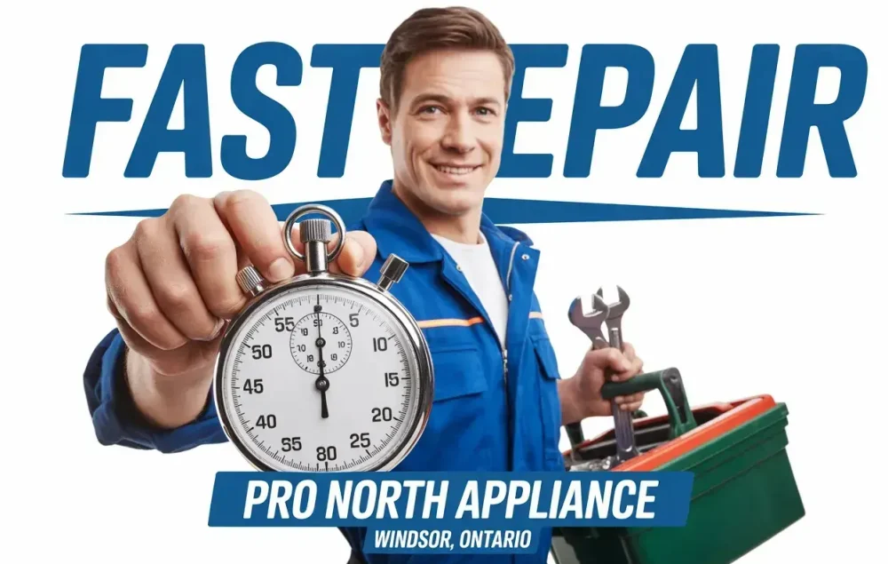 Technician holding stopwatch representing quick appliance repair service